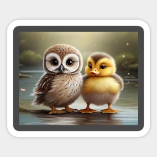 Cute Baby Owl and Baby Yellow Duck Best Friends. Sticker